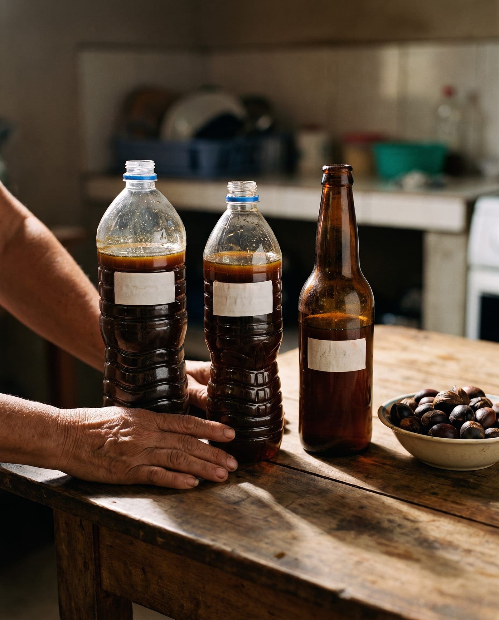 Homemade batana oil in plain reused bottles on a kitchen table (illustration)