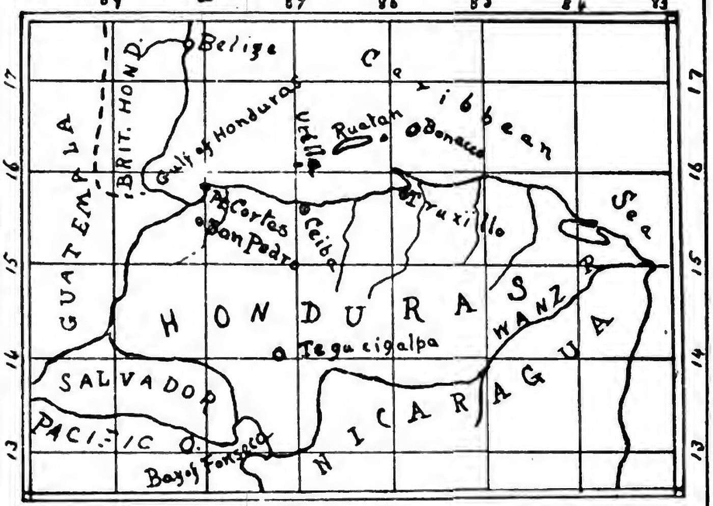 Hand-drawn 1904 map of Honduras and the Bay of Honduras, with Ruatan marked off the north coast