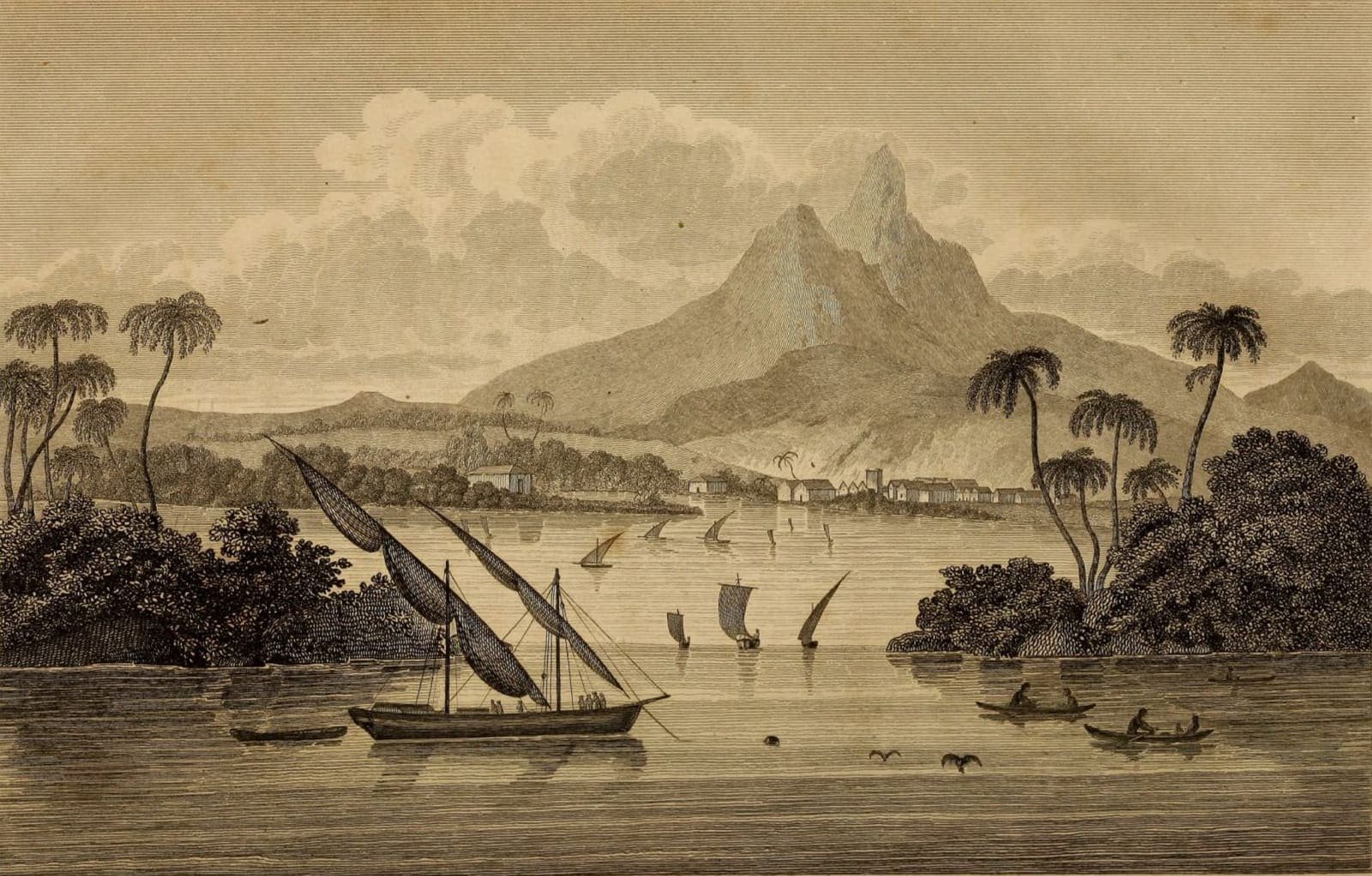 An engraving of a tropical harbour town with sailing ships, canoes, palm trees and a tall mountain behind
